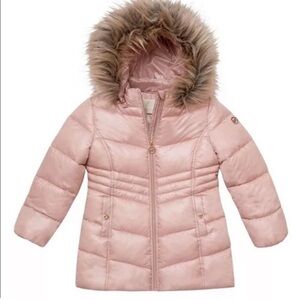NEW MK Girls' Pink Puffer Coat with Faux Fur Hood